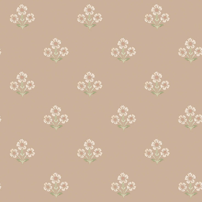 Isadora plaster wallpaper with small daisy sprigs on a pink clay background