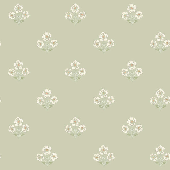 Isadora sage wallpaper with small daisy sprigs on a soft green background