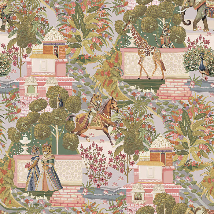 Jal Mahal wallpaper in Multi, showing elephants, giraffes, a peacock and tiger around an Indian water palace