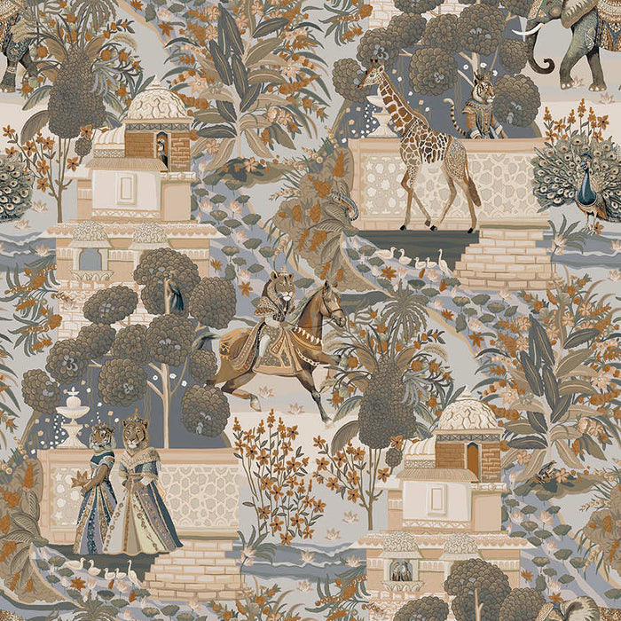 Jal Mahal wallpaper in Navy/Orange, showing elephants, giraffes, a peacock and tiger around an Indian water palace