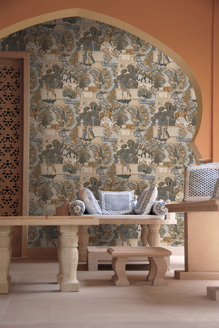 Jal Mahal wallpaper in Navy/Orange hung on a feature wall