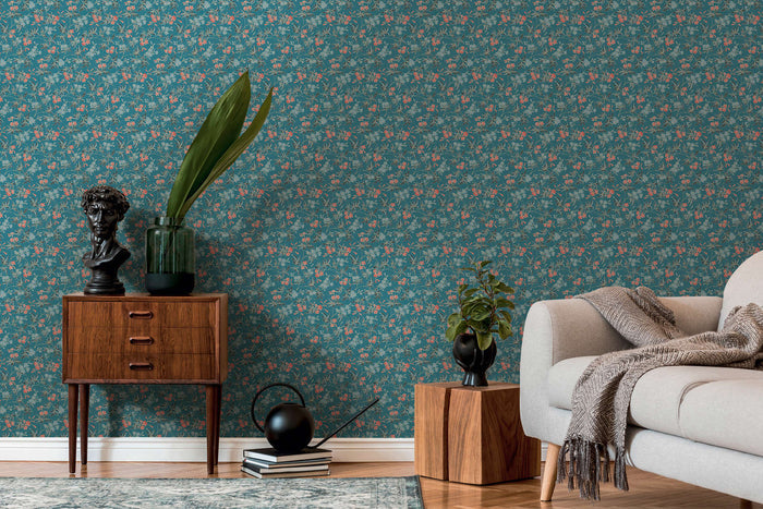 Jasmin - Floral Wallpaper - Blue Green