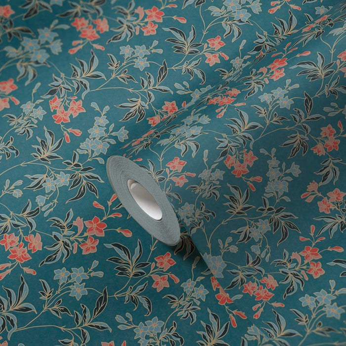 Jasmin - Floral Wallpaper - Blue Green
