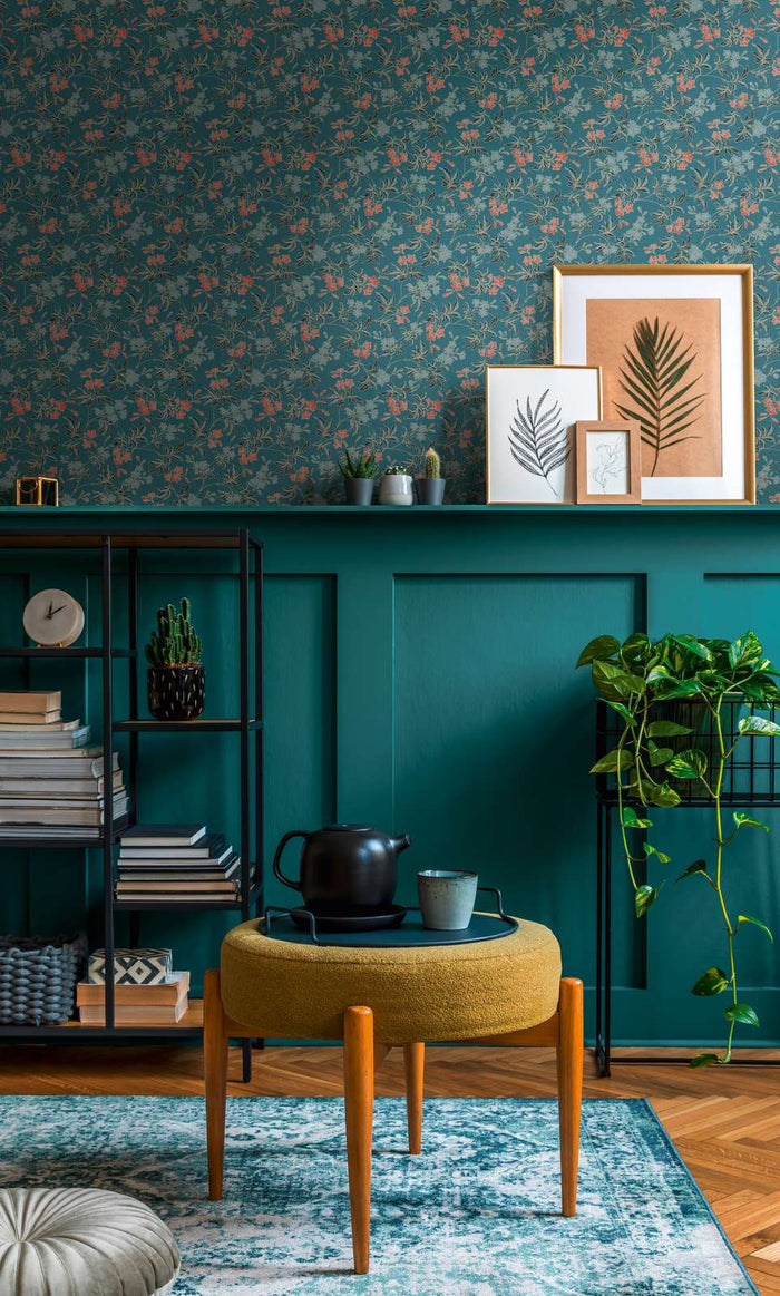 Jasmin - Floral Wallpaper - Blue Green
