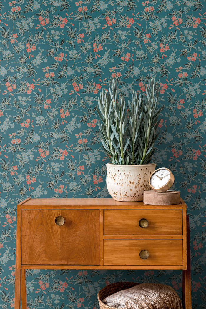 Jasmin - Floral Wallpaper - Blue Green