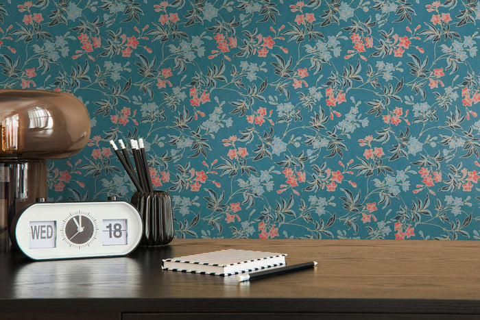 Jasmin - Floral Wallpaper - Blue Green