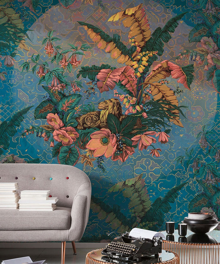 Jungle Majesty - Blue - Custom Sized Wallpaper Mural (per m2)
