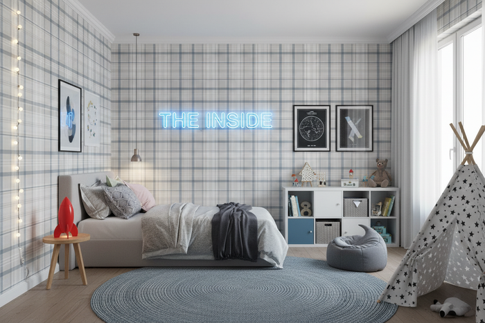 Kids room with Kirkham Check wallpaper, neon sign and soft lighting