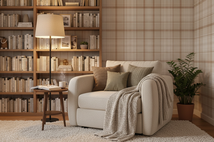Cozy reading nook with Kirkham Check orange plaid wallpaper