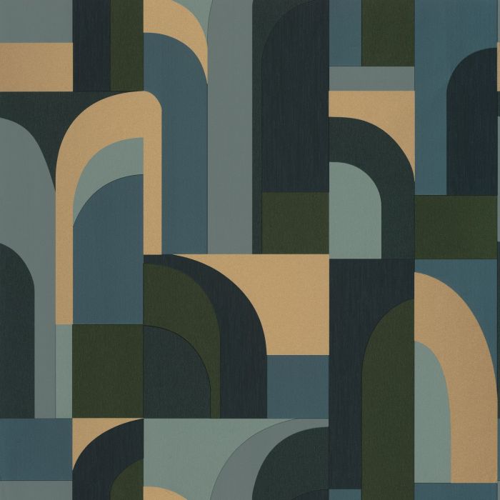 Labyrinth Doors Wallpaper - Blue Khaki Gold