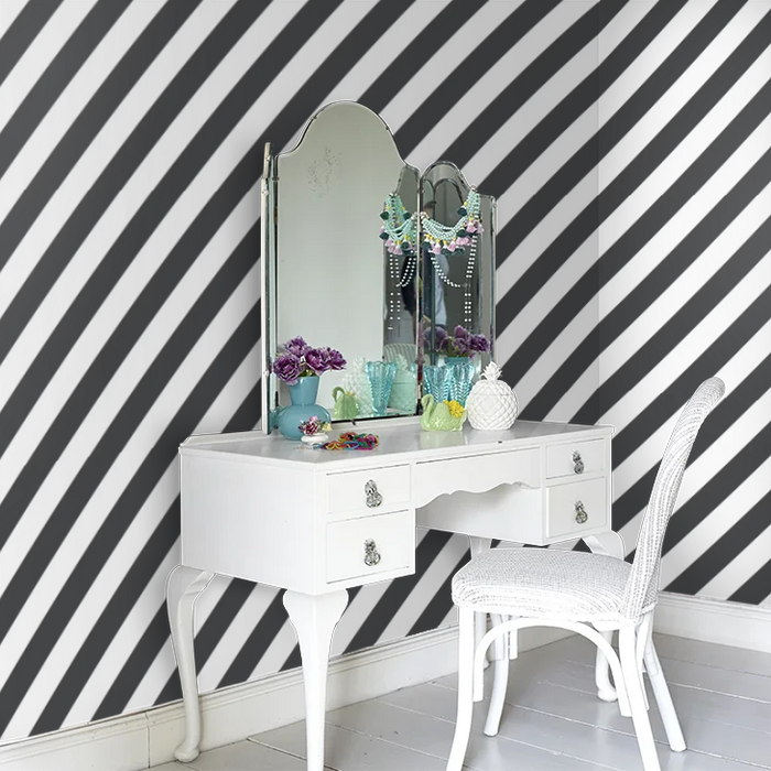 Large Diagonal Stripes Wallpaper - Black and White