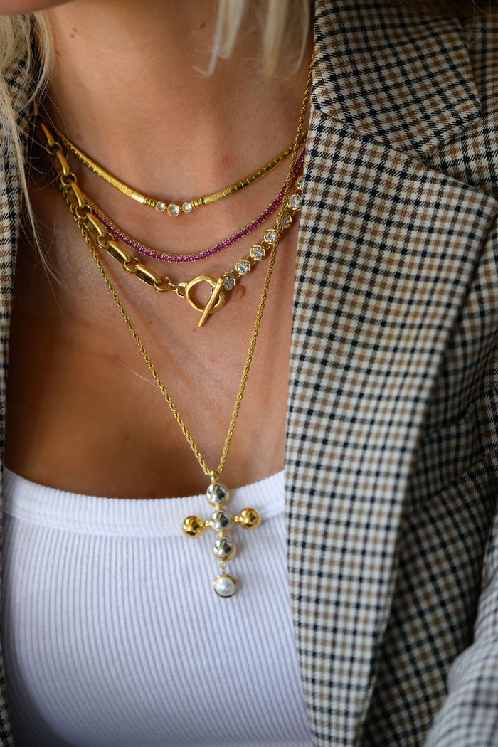 Mixed metal Loretta necklace combining gold links with cubic zirconia sparkle