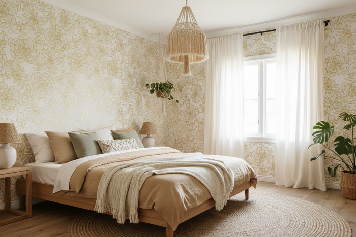 Mackenzie Country Wallpaper - Outlines in Boho Styled Room