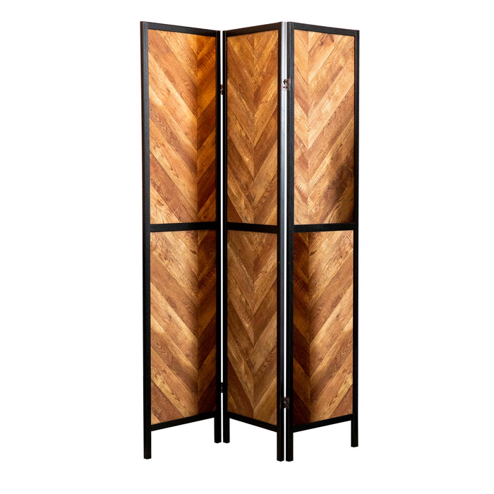 Marlene Herringbone Pattern 3-Panel Screen Rustic Tobacco and Black - Adams Furniture