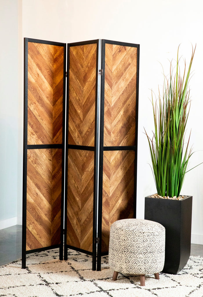 Marlene Herringbone Pattern 3-Panel Screen Rustic Tobacco and Black - Adams Furniture