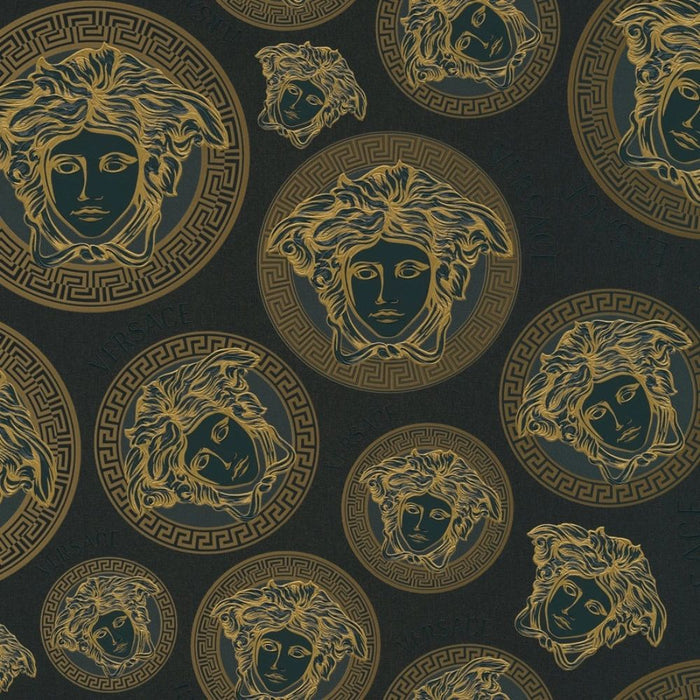 Medusa Plates Amplified Wallpaper (Versace 3 Collection) - Black & Gold