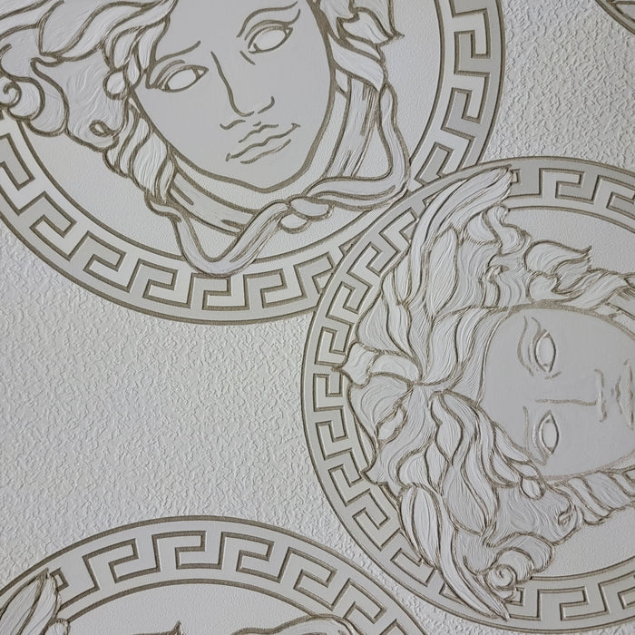 Medusa Plates Wallpaper (Versace 3 Collection) - White & Gold