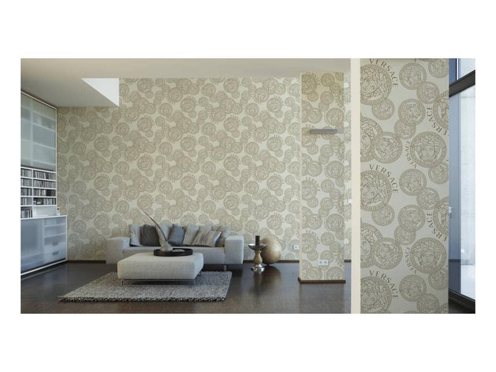 Medusa Plates Wallpaper (Versace 3 Collection) - White & Gold