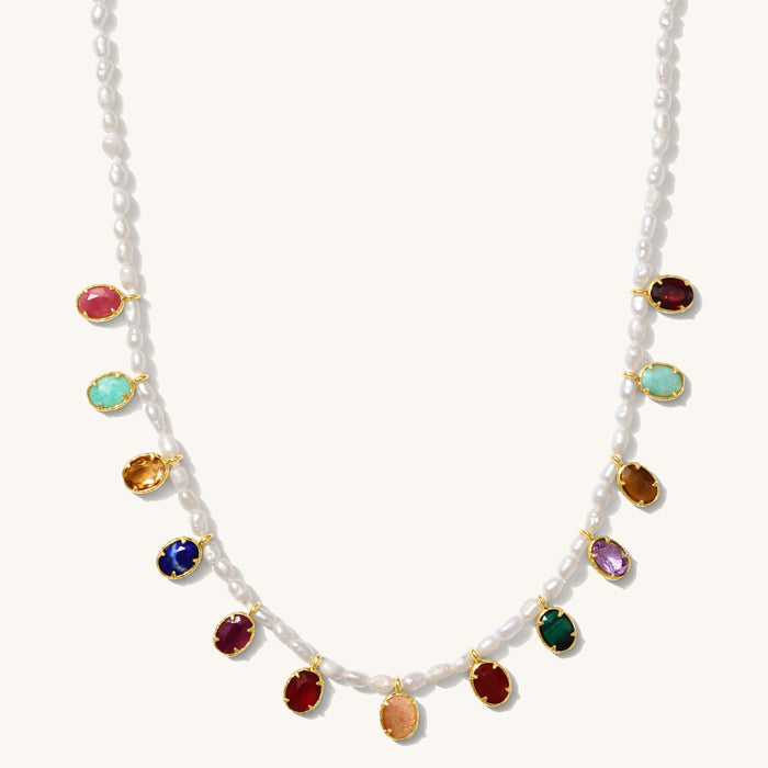 Mermaid's Treasure necklace of freshwater pearls and bezel-set gemstone charms