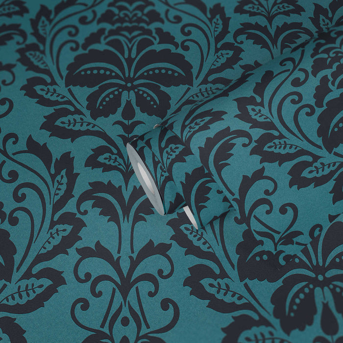 Metallic Baroque Damask Wallpaper - Peacock Black - Discontinuing