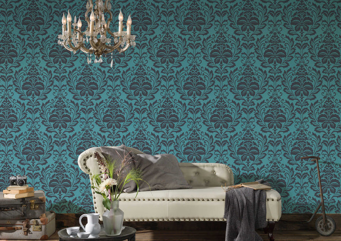 Metallic Baroque Damask Wallpaper - Peacock Black - Discontinuing