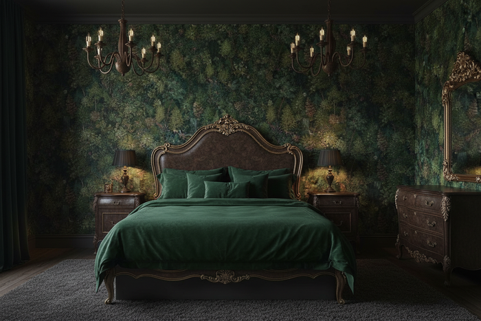 Midnight Woods Green Bedroom - No Sofa, Plain Green Bedspread