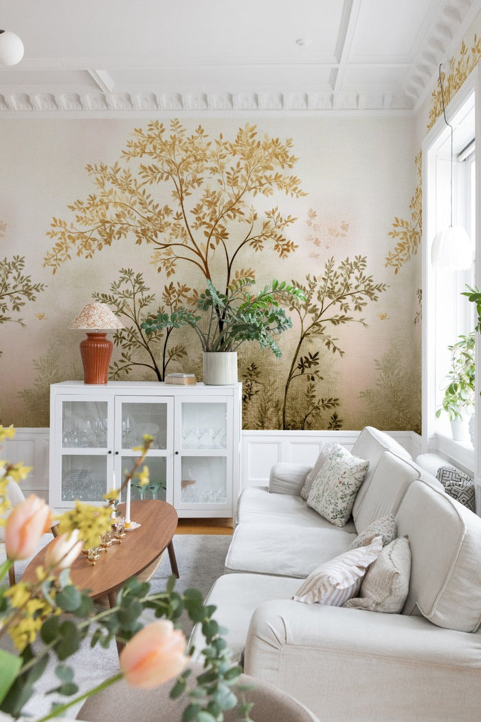 Misty Morning Tree - Custom Sized Wallpaper Mural (per m2) - Beige Yellow