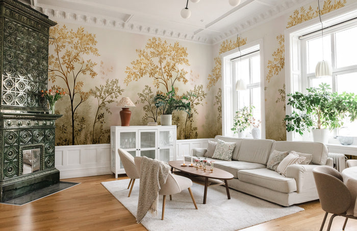 Misty Morning Tree - Custom Sized Wallpaper Mural (per m2) - Beige Yellow