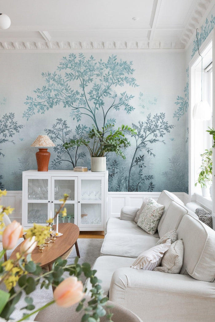 Misty Morning Tree - Custom Sized Wallpaper Mural (per m2) - Blue