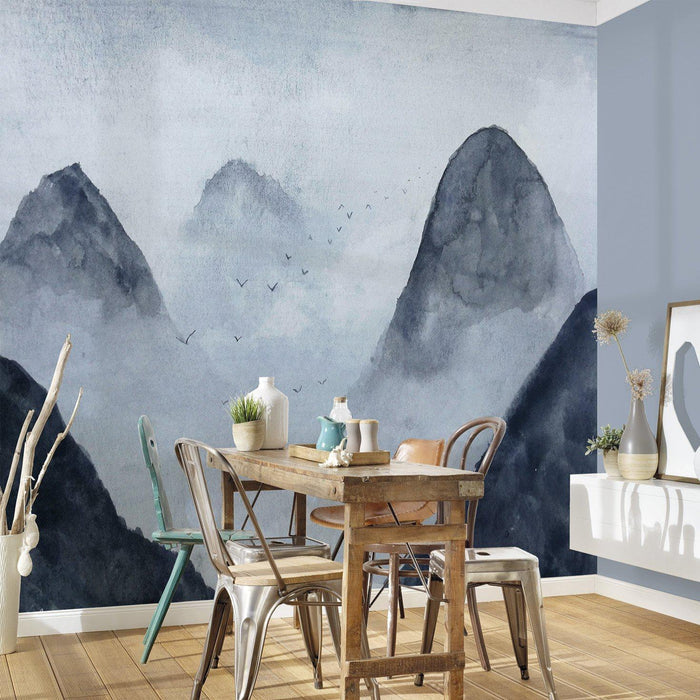 Misty Rocks - Cold Blue - Custom Sized Wallpaper Mural (per m2)
