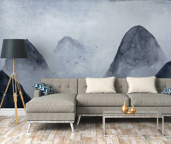 Misty Rocks - Cold Blue - Custom Sized Wallpaper Mural (per m2)