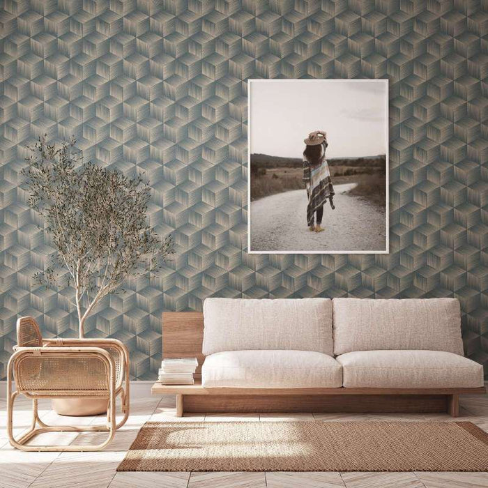 Modern Cubes - Geometric Wallpaper - Blue Beige