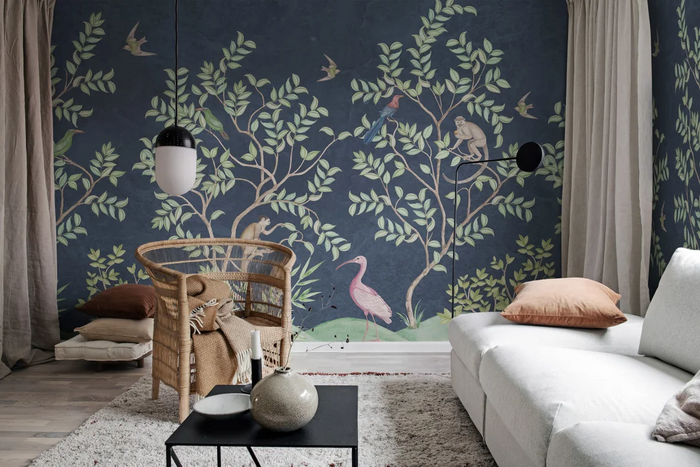Monkey Paradise - Navy Blue - Custom Sized Wallpaper Mural (per m2)