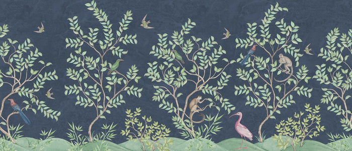 Monkey Paradise - Navy Blue - Custom Sized Wallpaper Mural (per m2)
