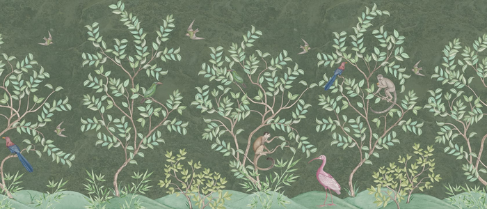 Monkey Paradise - Sage Green - Custom Sized Wallpaper Mural (per m2)