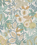 Nagano wallpaper in Blue, showing a linear pomegranate, fig and apple illustration over a cream background