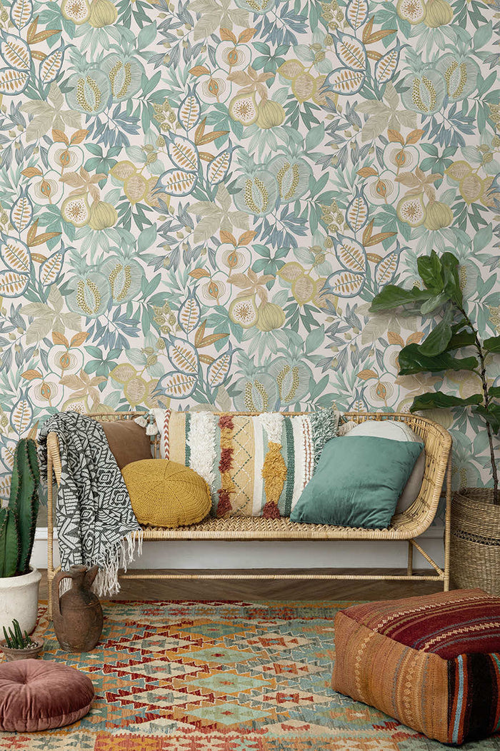 Nagano wallpaper in Blue hung on a feature wall