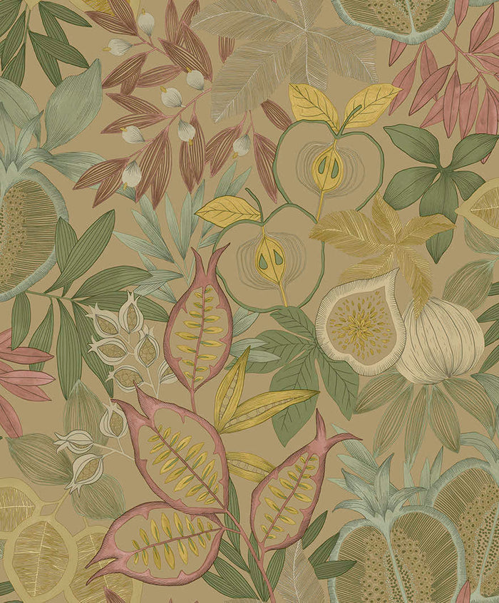 Nagano wallpaper in Gold, showing a tone-on-tone pomegranate, fig and apple illustration in mustard-gold