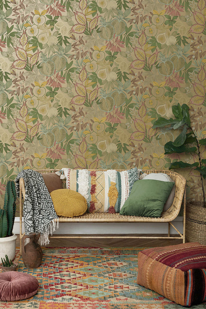 Nagano wallpaper in Gold hung on a feature wall