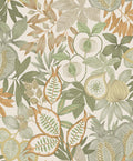 Nagano wallpaper in Green/Orange, showing a linear pomegranate, fig and apple illustration over a cream background