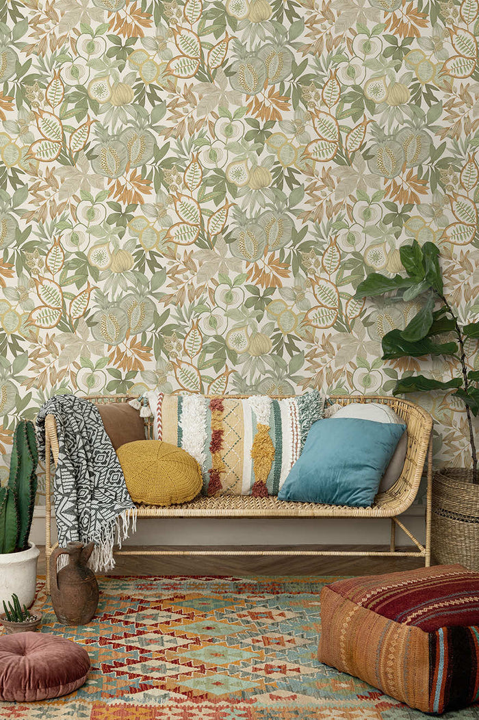 Nagano wallpaper in Green/Orange hung on a feature wall