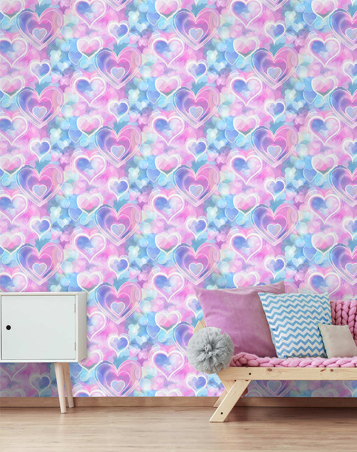 Neon Hearts Wallpaper - Pink/Blue