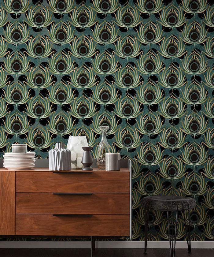 Opulent Plume - Teal - Custom Sized Wallpaper Mural (per m2)