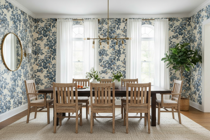 Orange Tree Wallpaper Room Shot with Rustic Chairs