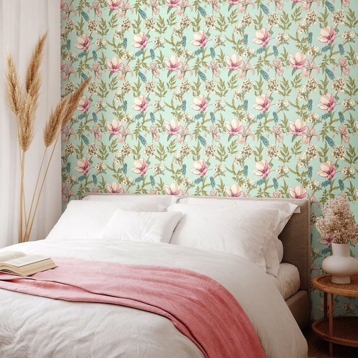 Orchid Bloom Wallpaper - Duck Egg & Blush