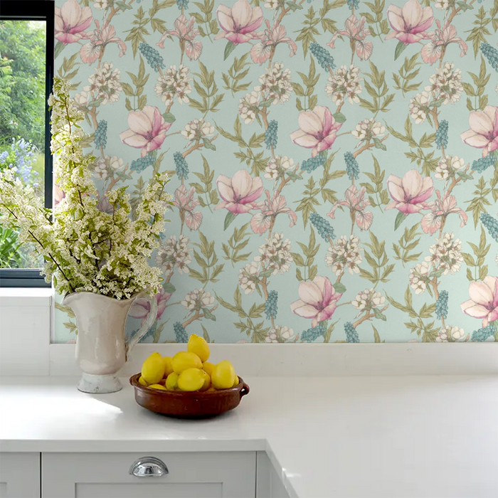 Orchid Bloom Wallpaper - Duck Egg & Blush