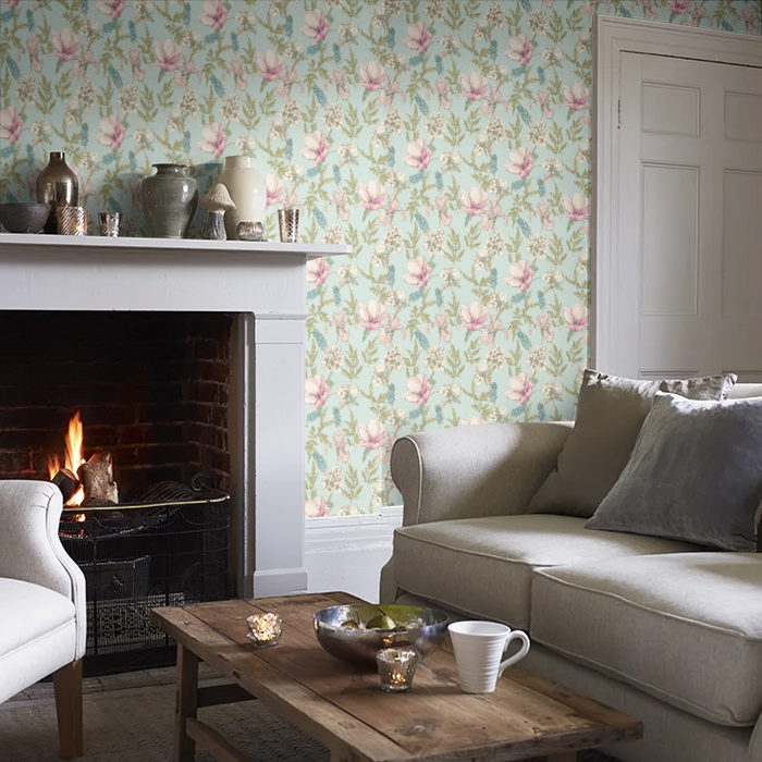 Orchid Bloom Wallpaper - Duck Egg & Blush