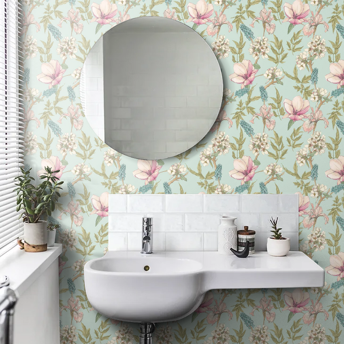 Orchid Bloom Wallpaper - Duck Egg & Blush
