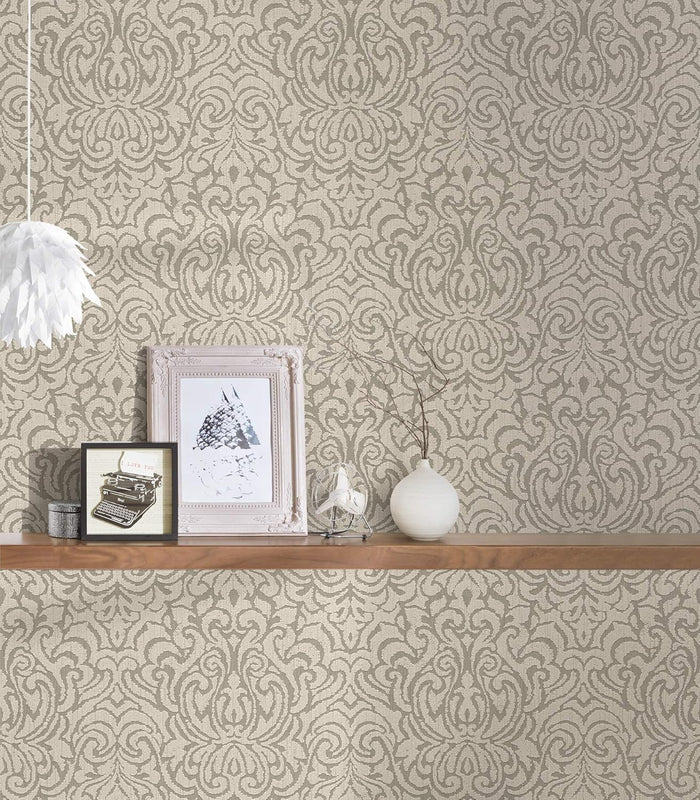 Ornaments Baroque Textiled Wallpaper - Beige/Brown