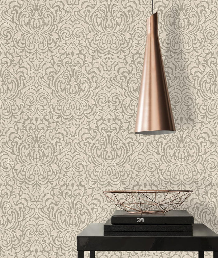 Ornaments Baroque Textiled Wallpaper - Beige/Brown